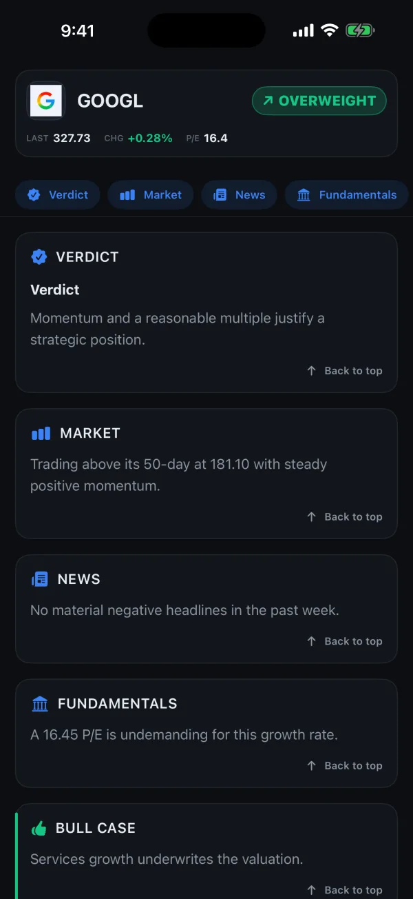The bull and bear debate section of a MyTradAI report, each side arguing its case