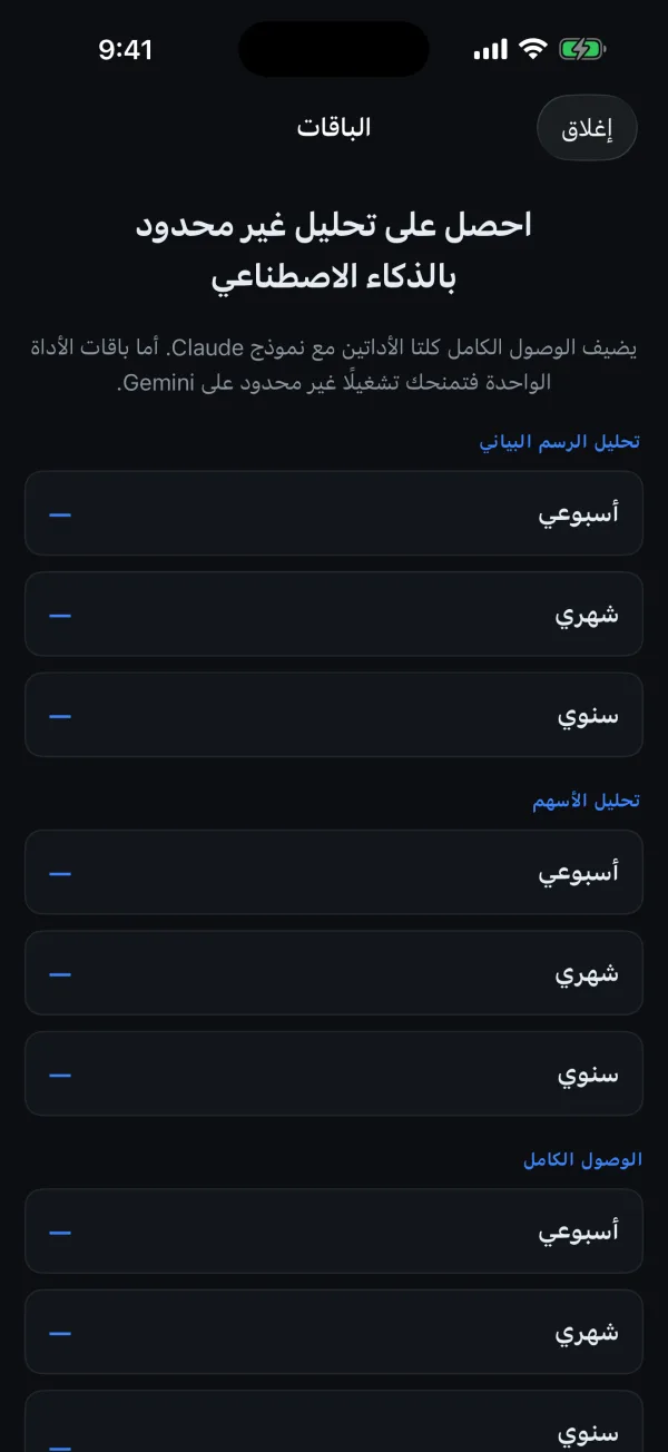 شاشة خطط الاشتراك تعرض تحليل الشارت وتحليل الأسهم والوصول الكامل مع الأسعار